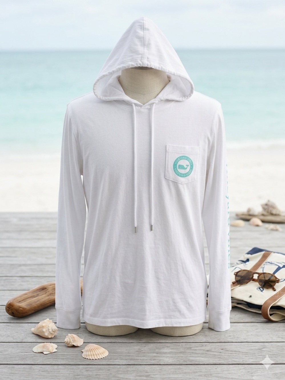 Vineyard Vines White Hooded Long-Sleeve Tee with Mint Pocket Logo